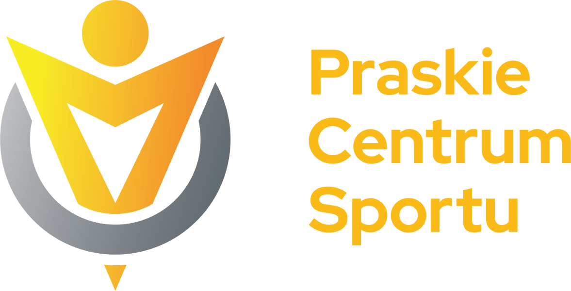 Żółto-szare logo Praskie Centrum Sportu
